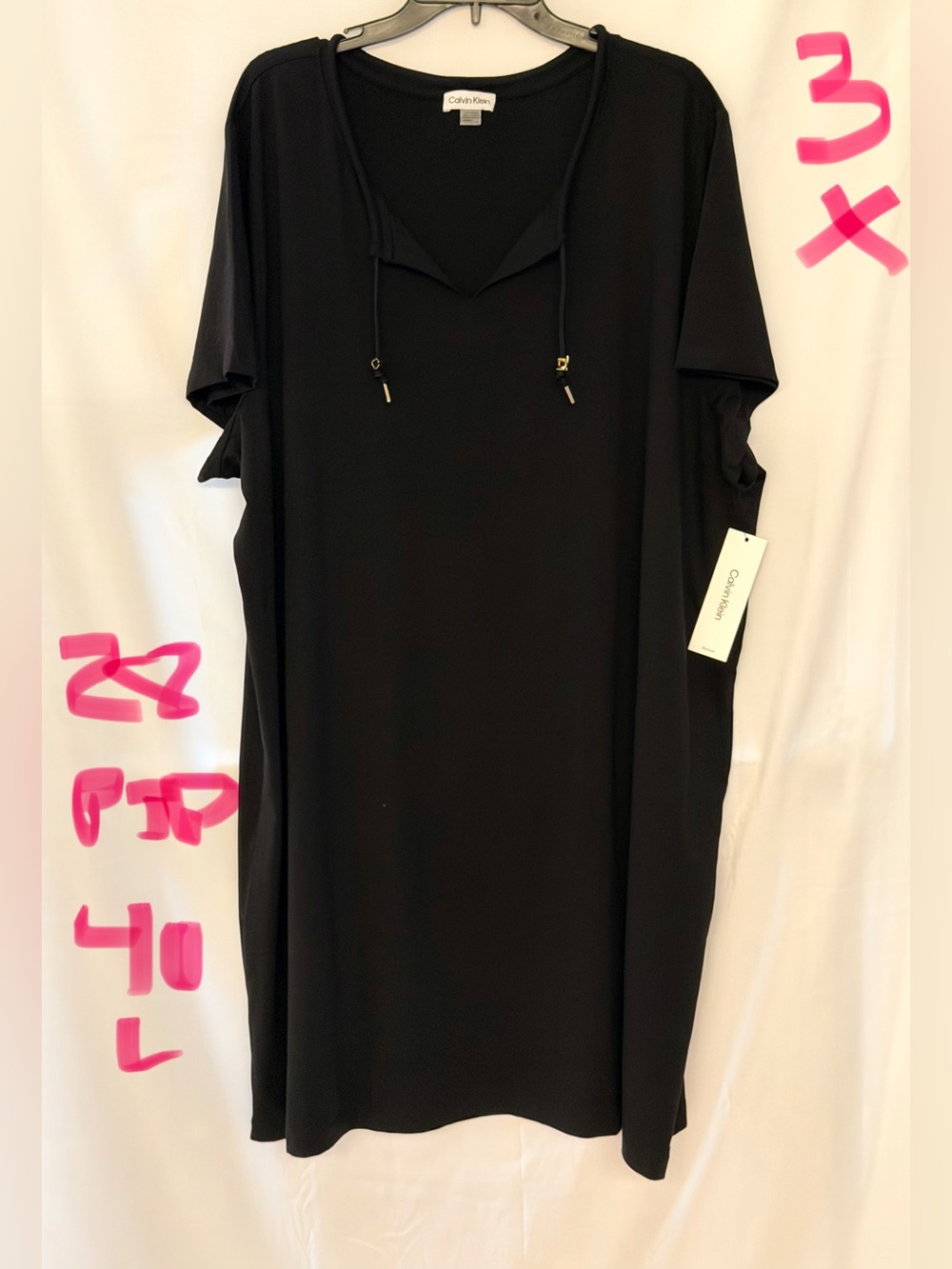 Calvin Klein Black V-Neck Midi Dress with Tie Detail
